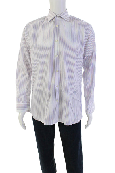 Hickey Freeman Mens Button Up Long Sleeve Striped Dress Shirt White Blue Size 16