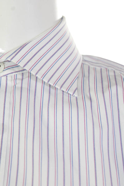 Hickey Freeman Mens Button Up Long Sleeve Striped Dress Shirt White Blue Size 16