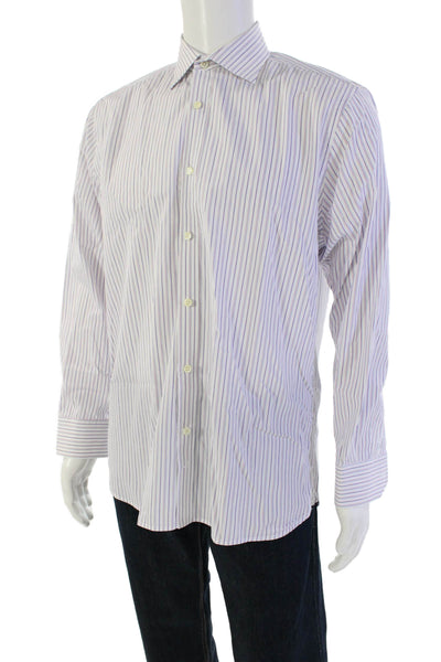 Hickey Freeman Mens Button Up Long Sleeve Striped Dress Shirt White Blue Size 16