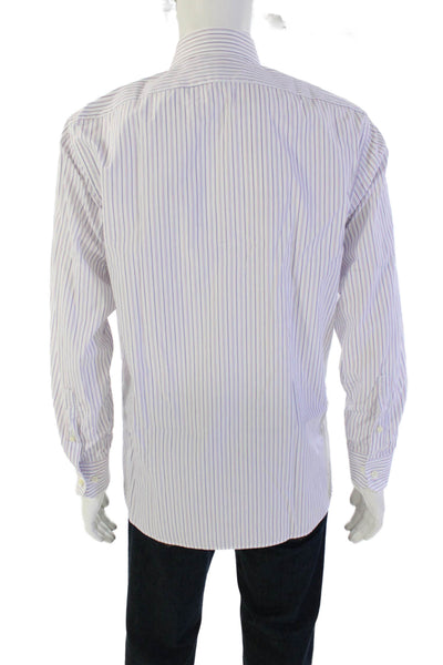 Hickey Freeman Mens Button Up Long Sleeve Striped Dress Shirt White Blue Size 16