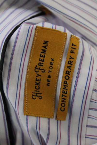 Hickey Freeman Mens Button Up Long Sleeve Striped Dress Shirt White Blue Size 16