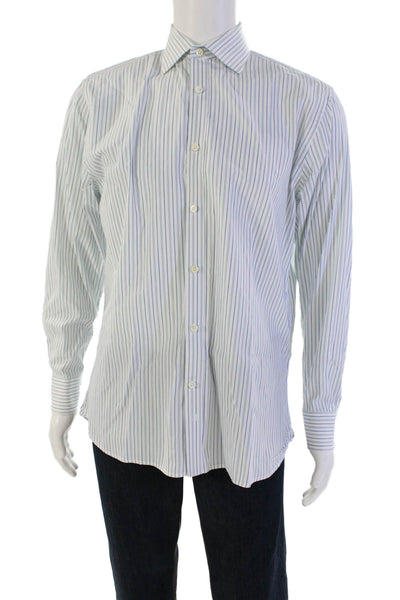 Hickey Freeman Mens Button Up Long Sleeve Striped Dress Shirt White Green 16