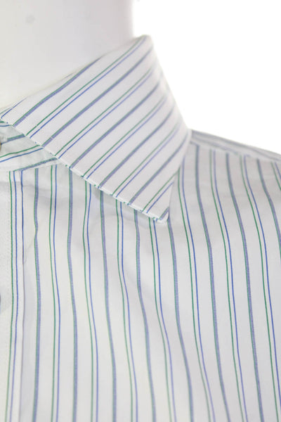 Hickey Freeman Mens Button Up Long Sleeve Striped Dress Shirt White Green 16