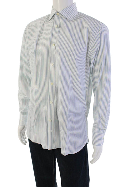 Hickey Freeman Mens Button Up Long Sleeve Striped Dress Shirt White Green 16