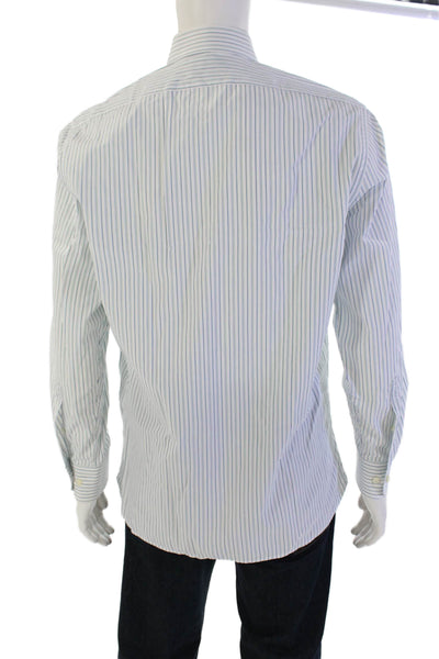 Hickey Freeman Mens Button Up Long Sleeve Striped Dress Shirt White Green 16