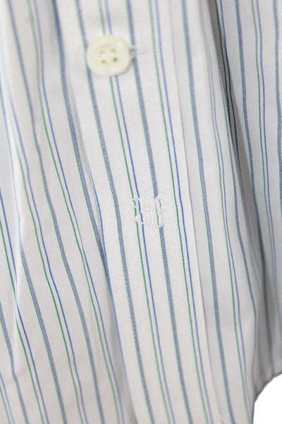 Hickey Freeman Mens Button Up Long Sleeve Striped Dress Shirt White Green 16
