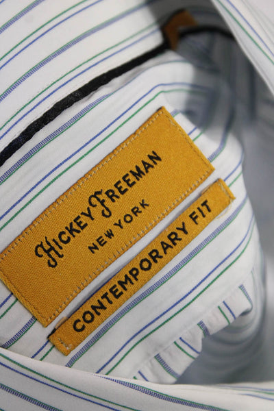 Hickey Freeman Mens Button Up Long Sleeve Striped Dress Shirt White Green 16