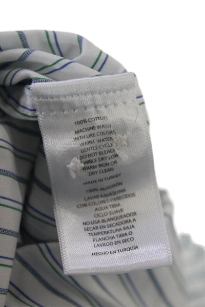 Hickey Freeman Mens Button Up Long Sleeve Striped Dress Shirt White Green 16