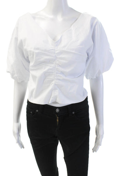 Kirna Zabete Womens Short Sleeve V Neck Ruched Crop Top White Cotton Size Small