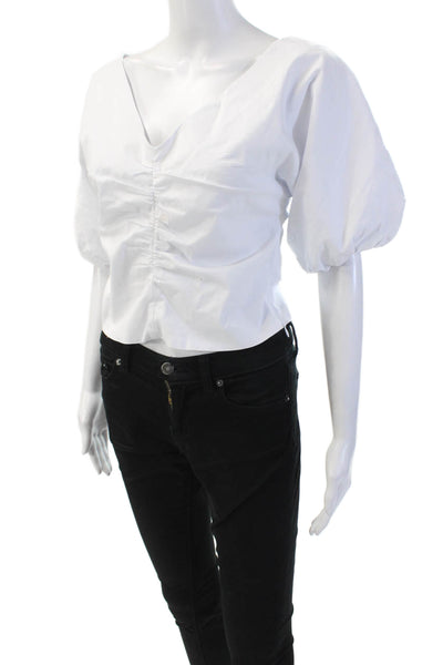 Kirna Zabete Womens Short Sleeve V Neck Ruched Crop Top White Cotton Size Small