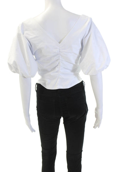 Kirna Zabete Womens Short Sleeve V Neck Ruched Crop Top White Cotton Size Small