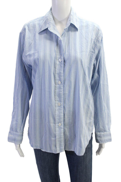 Pharaoh Womens Cotton Striped Collared Buttoned Long Sleeve Top Blue Size 1