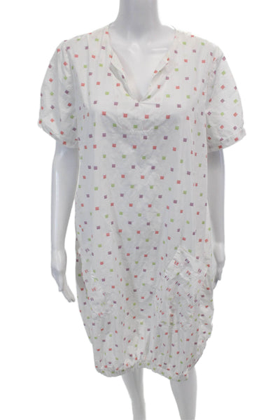 Kozan Womens Geometric Print V-Neck Short Sleeve Zip Up Dress White Size L