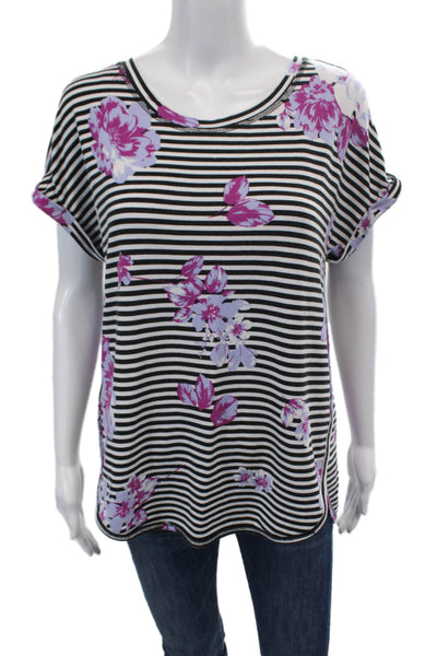 St. John's Bay Womens Striped Round Neck Short Sleeve T-Shirt Top Black Size M