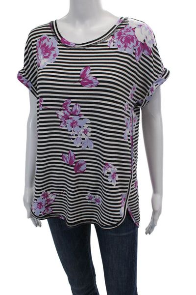 St. John's Bay Womens Striped Round Neck Short Sleeve T-Shirt Top Black Size M