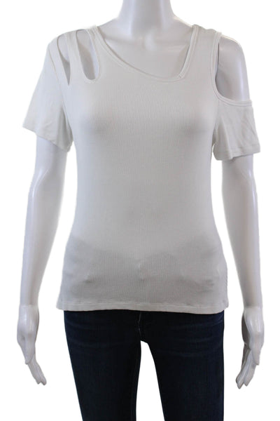 LNA Womens Round Neck Short Sleeves Cold Shoulder Ribbed Blouse White Size M