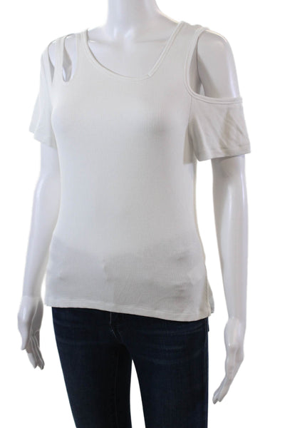 LNA Womens Round Neck Short Sleeves Cold Shoulder Ribbed Blouse White Size M