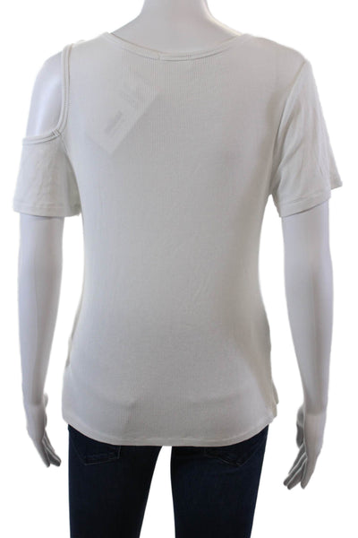 LNA Womens Round Neck Short Sleeves Cold Shoulder Ribbed Blouse White Size M
