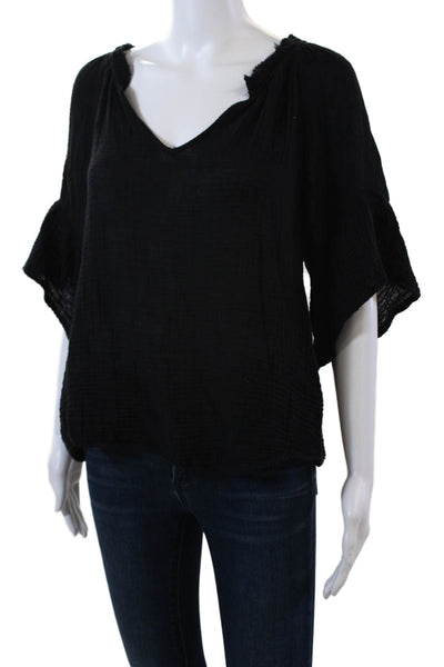 Michael Stars Women's Short Sleeves Round Neck Cotton Boxy Blouse Black Size S