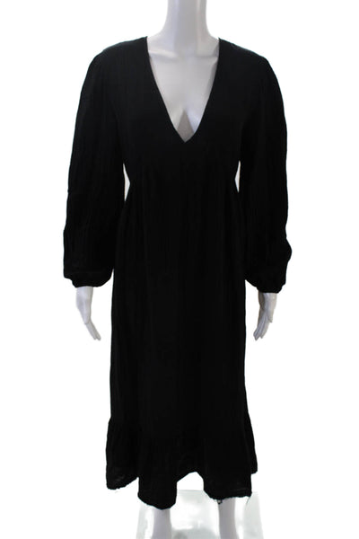Stark Womens Long Sleeve V Neck Midi Gauze Shirt Dress Black Cotton Size XS