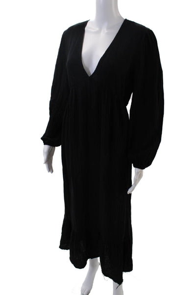 Stark Womens Long Sleeve V Neck Midi Gauze Shirt Dress Black Cotton Size XS