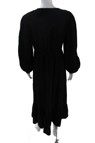 Stark Womens Long Sleeve V Neck Midi Gauze Shirt Dress Black Cotton Size XS