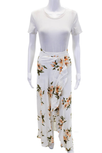 Flynn Skye Womens Textured Zip Ruffle Slit Long Floral Maxi Skirt White Size XS