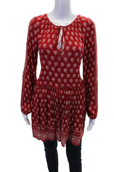 Zara Womens Long Sleeve V-neck Floral Printed Tunic Top Red Size XS