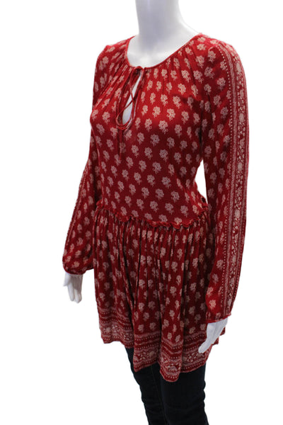 Zara Womens Long Sleeve V-neck Floral Printed Tunic Top Red Size XS