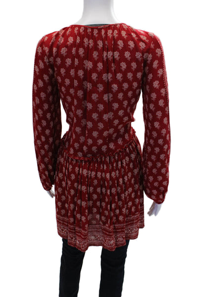 Zara Womens Long Sleeve V-neck Floral Printed Tunic Top Red Size XS