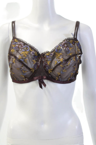 Lou Womens Floral Embroidered Sheer Full Coverage Bra Purple Size 38D