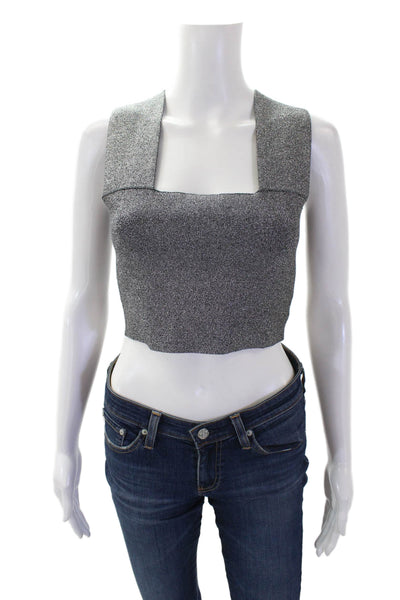 ALC Womens Sleeveless Square Neck Metallic Knit Crop Top Silver Tone Size Medium