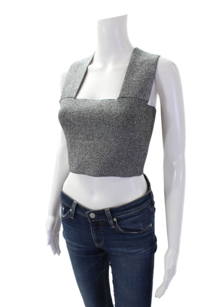 ALC Womens Sleeveless Square Neck Metallic Knit Crop Top Silver Tone Size Medium