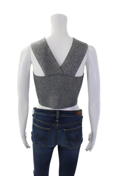 ALC Womens Sleeveless Square Neck Metallic Knit Crop Top Silver Tone Size Medium