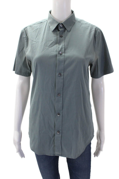 Theory Womens Cotton Short Sleeve Collar Button Blouse Blue Size XS