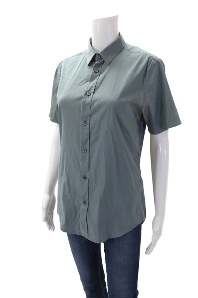 Theory Womens Cotton Short Sleeve Collar Button Blouse Blue Size XS