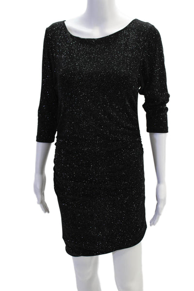 Alice + Olivia Womens Round Neck Long Sleeve Ruched Sparkly Dress Black Size S