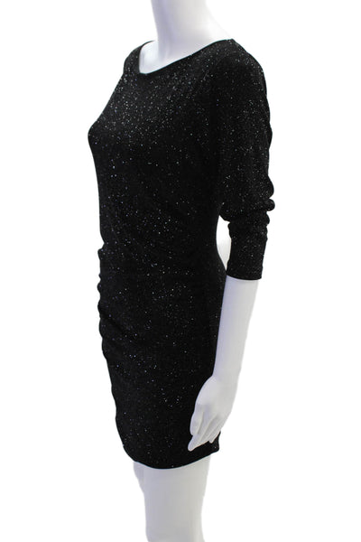 Alice + Olivia Womens Round Neck Long Sleeve Ruched Sparkly Dress Black Size S