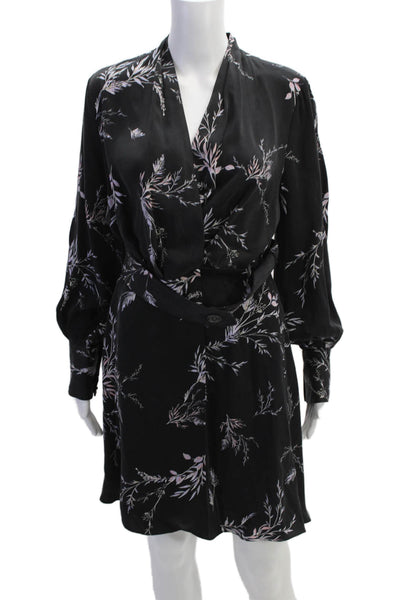 Equipment Femme Womens Textured V-neck Long Sleeve Floral Dress Black Size 6