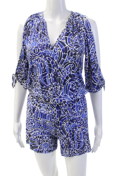 Lilly Pulitzer Womens Cold Shoulder V Neck Abstract Knit Romper Blue White 2XS