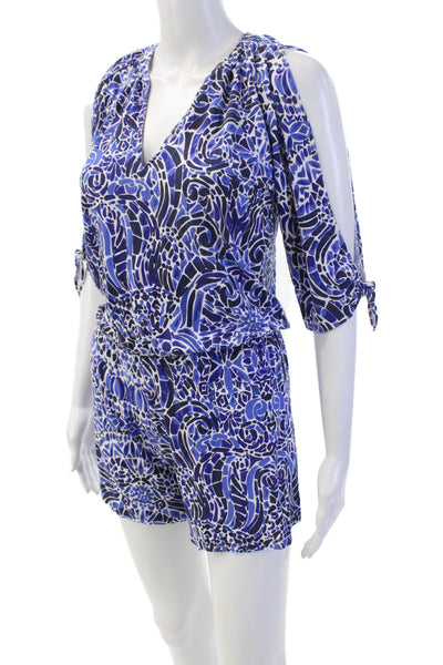 Lilly Pulitzer Womens Cold Shoulder V Neck Abstract Knit Romper Blue White 2XS