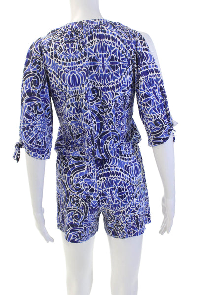 Lilly Pulitzer Womens Cold Shoulder V Neck Abstract Knit Romper Blue White 2XS