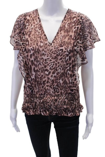 Ramy Brook Womens Animal Print V-Neck Smocked Short Sleeve Blouse Pink Size S