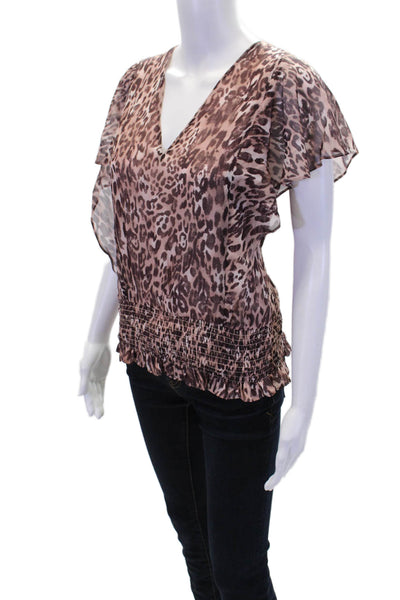 Ramy Brook Womens Animal Print V-Neck Smocked Short Sleeve Blouse Pink Size S