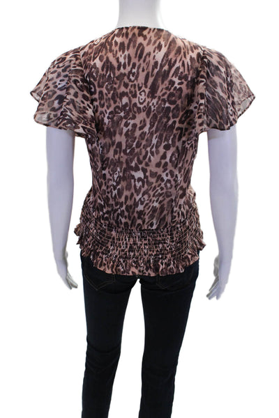 Ramy Brook Womens Animal Print V-Neck Smocked Short Sleeve Blouse Pink Size S