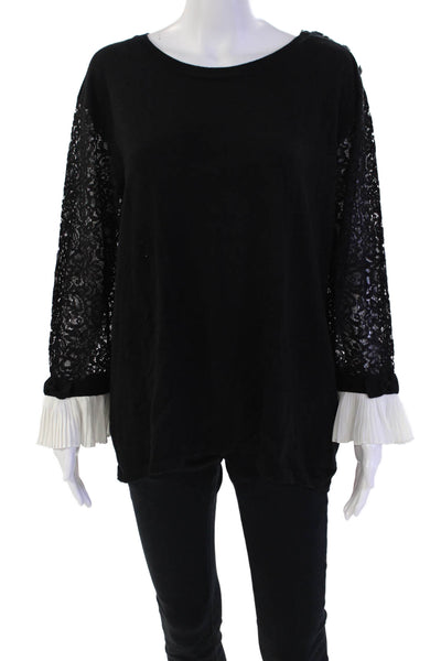 Karl Lagerfeld Womens Cotton Round Neck Long Sleeve Lace Knit Top Black Size L