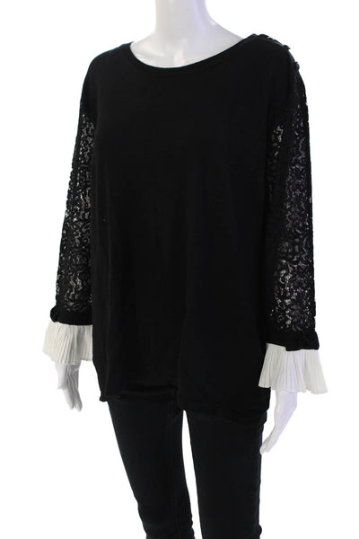 Karl Lagerfeld Womens Cotton Round Neck Long Sleeve Lace Knit Top Black Size L