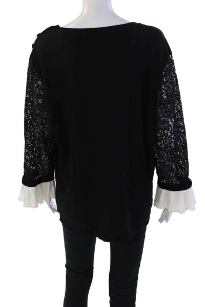 Karl Lagerfeld Womens Cotton Round Neck Long Sleeve Lace Knit Top Black Size L