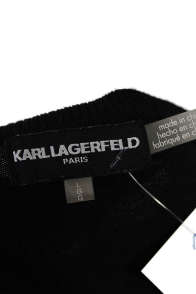 Karl Lagerfeld Womens Cotton Round Neck Long Sleeve Lace Knit Top Black Size L