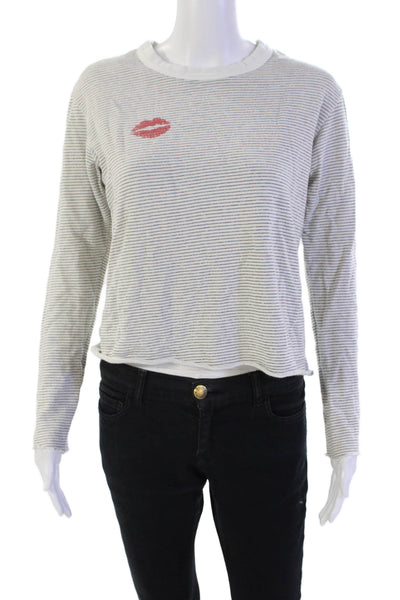 Monrow Womens Cotton Long Sleeve Round Neck Knit Stripe Sweater White Size S